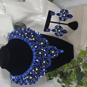 Statement Silver with Blue Crystal Stones Necklace and Matching Earrings Set